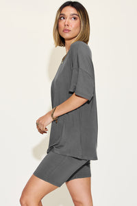 Basic Bae Full Size V-Neck Drop Shoulder T-Shirt and Shorts Set Trandify Deal