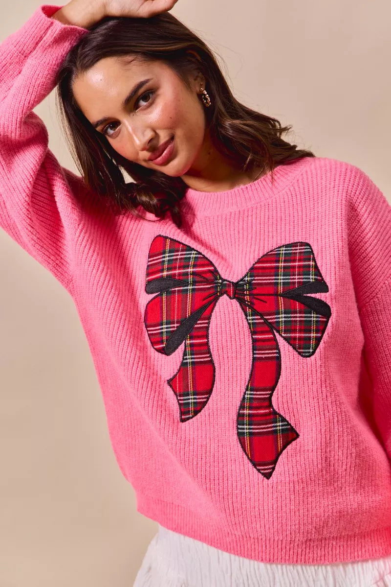 Women's Plaid Ribbon Christmas Sweater - Ugly Holiday