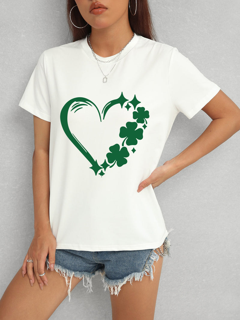 Heart Lucky Clover Round Neck Short Sleeve T-Shirt Trandify deal