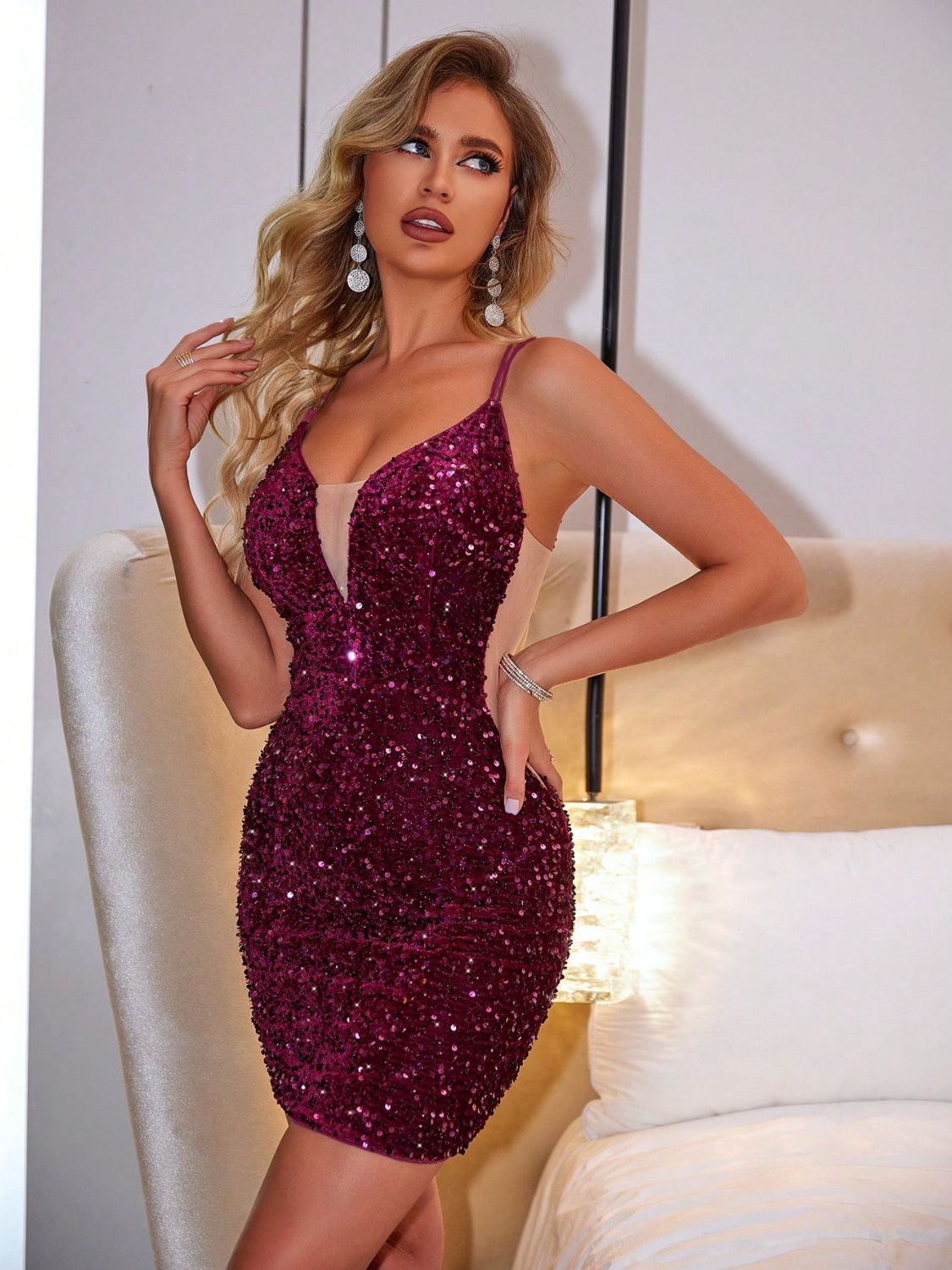 Lace-Up Sequin Plunge Sleeveless Dress Trandify Deal