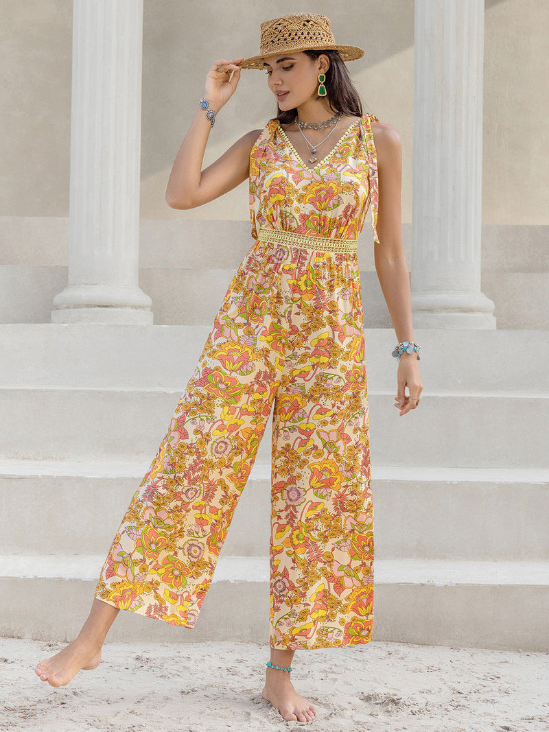 Women’s Printed V-Neck Tie Shoulder Jumpsuit – Trendy & Comfortable – TrandifyDeal