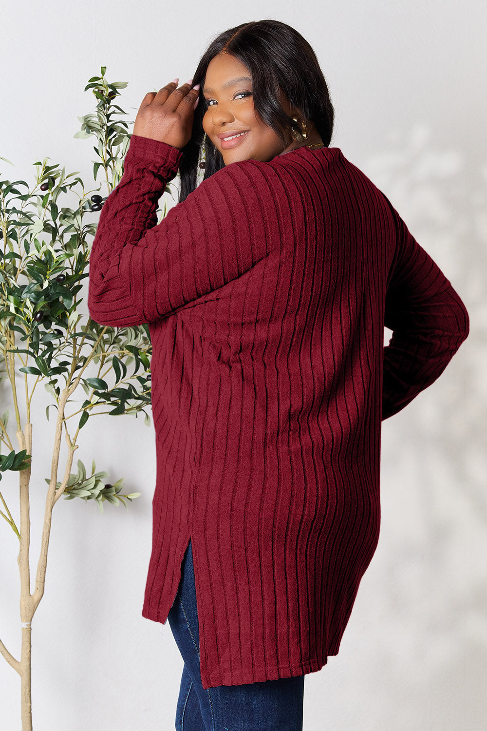 Basic Bae Full Size Ribbed Round Neck Long Sleeve Slit Top Trandify Deal