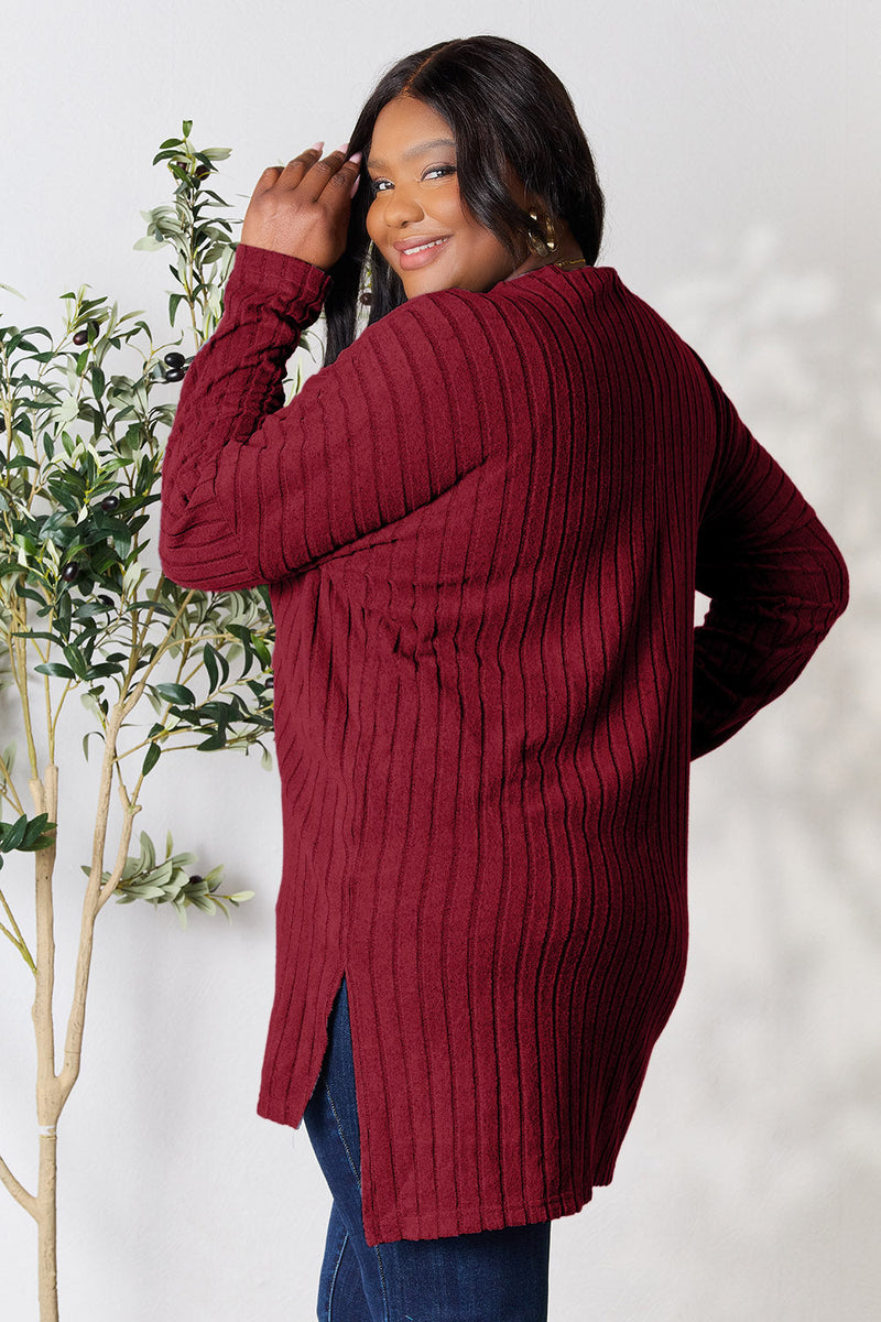 Basic Bae Full Size Ribbed Round Neck Long Sleeve Slit Top Trandify Deal
