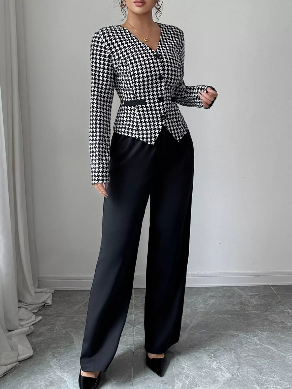Women's Houndstooth Blazer & Wide Leg Pants Set