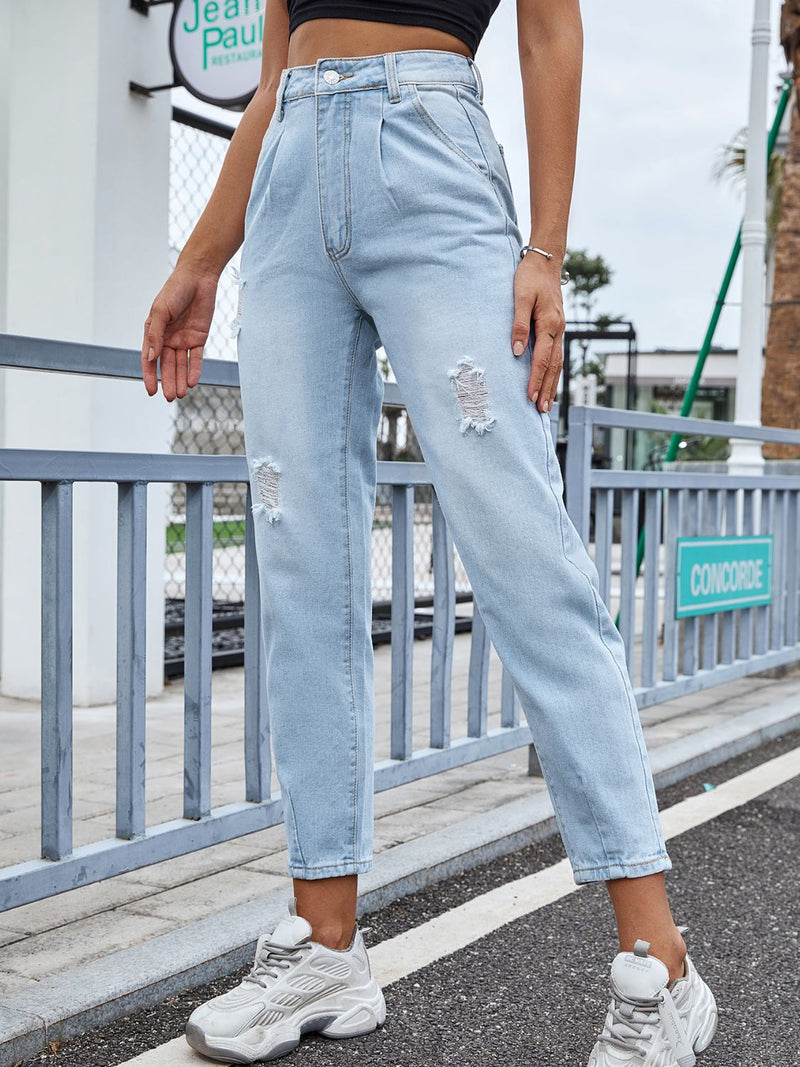 Distressed Straight Jeans with Pockets Trandify Deal