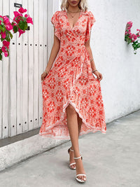 Perfee Ruffled High-Low Printed Short Sleeve Midi Dress Trandify deal