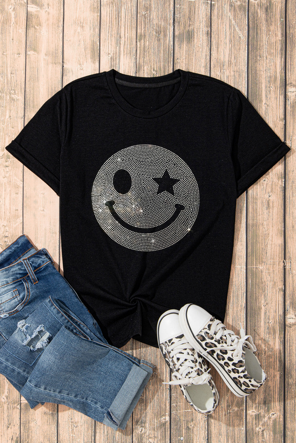 Rhinestone Smiley Round Neck Short Sleeve T-Shirt - Trandify Deal