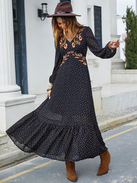 Embroidered V-Neck Long Sleeve Dress - Trandify Deal