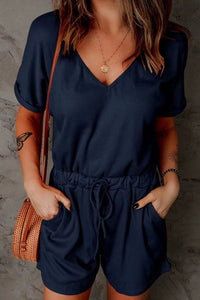 Full Size Drawstring V-Neck Short Sleeve Romper Trandify deal