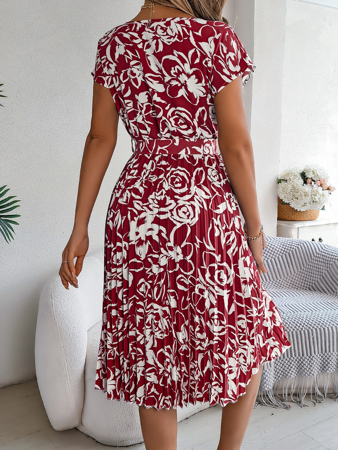 Tied Pleated Printed Short Sleeve Dress Trandify deal