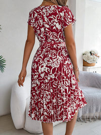Tied Pleated Printed Short Sleeve Dress Trandify deal