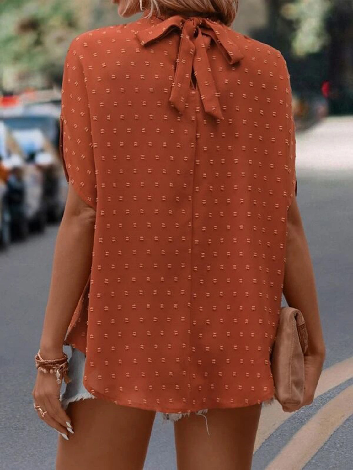 Swiss Dot Mock Neck Half Sleeve Blouse Trandify deal