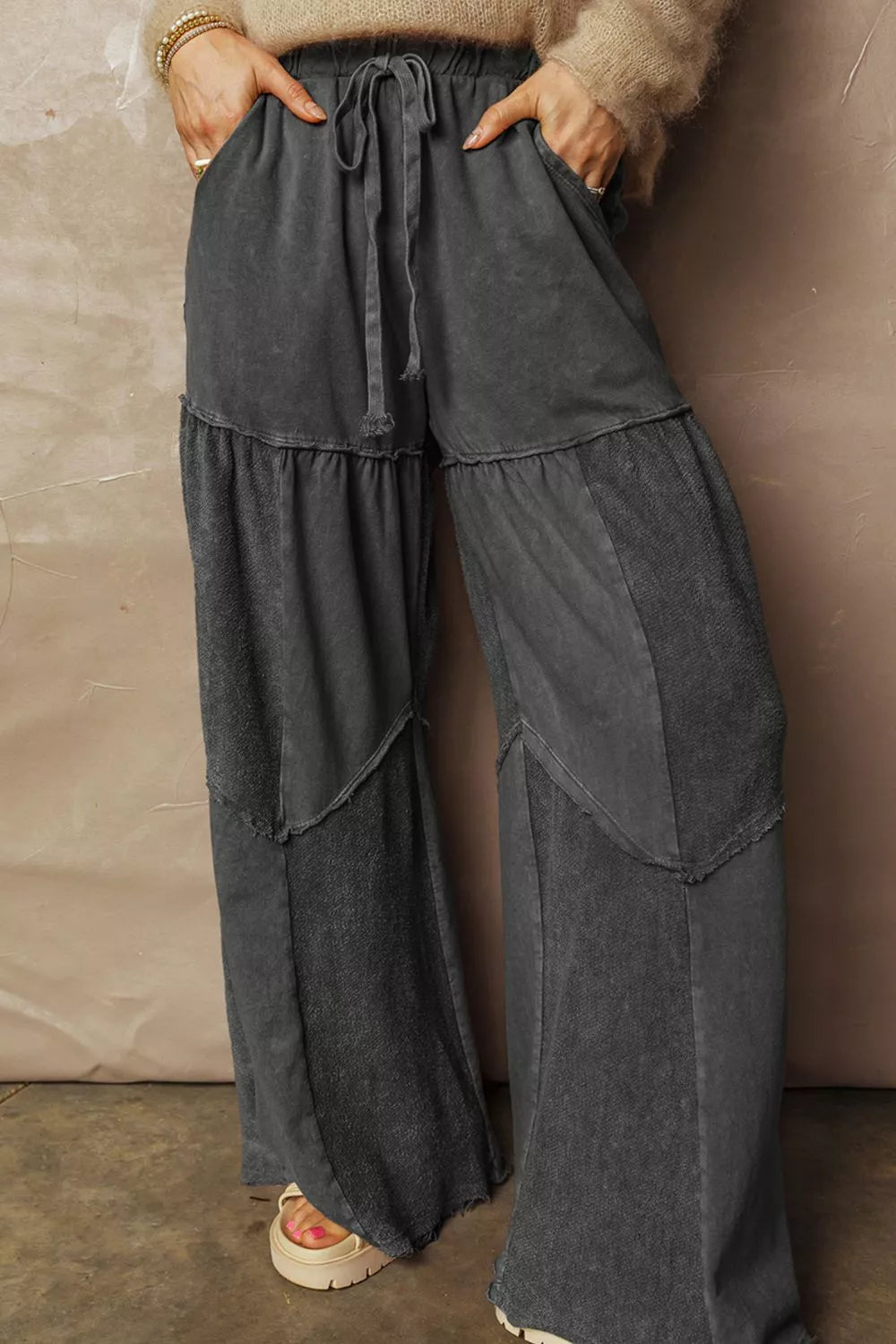 Mineral Wash Wide Leg Pants - Tiered Boho Drawstring