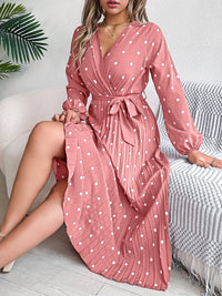 Tied Polka Dot Long Sleeve Midi Dress Trandify deal