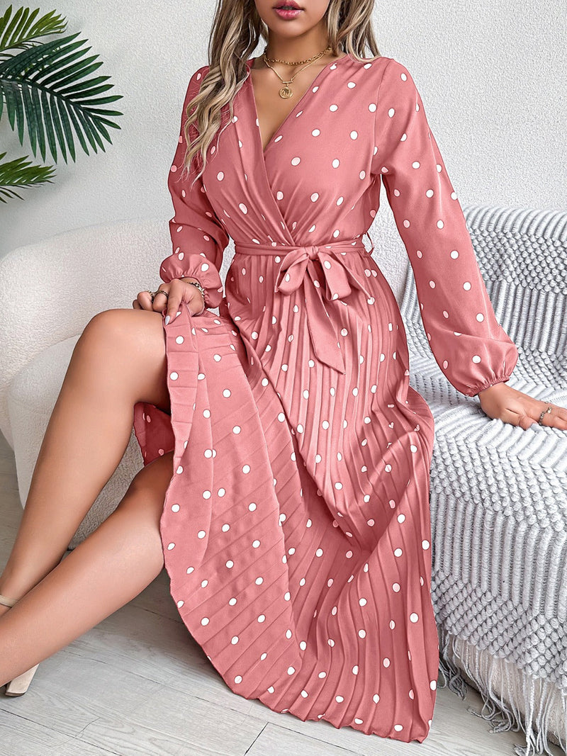 Tied Polka Dot Long Sleeve Midi Dress Trandify deal