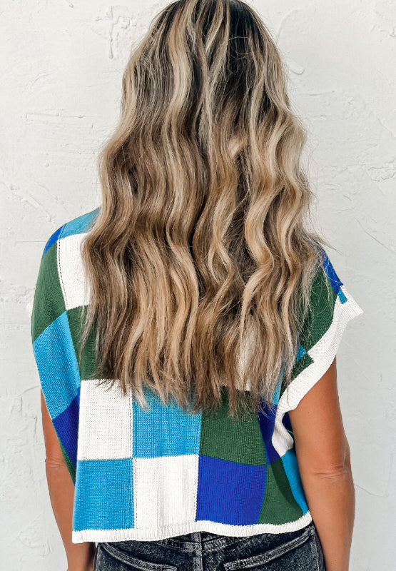 Contrast Plaid Round Neck Cap Sleeve Sweater Trandify Deal
