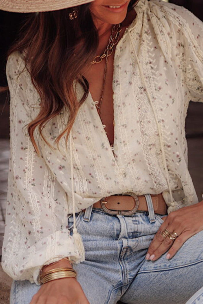 Frill Lace Detail Printed Tie Neck Long Sleeve Blouse Trandify Deal