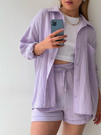 Trendy linen-blend two-piece set for women, stylish matching shirt and shorts