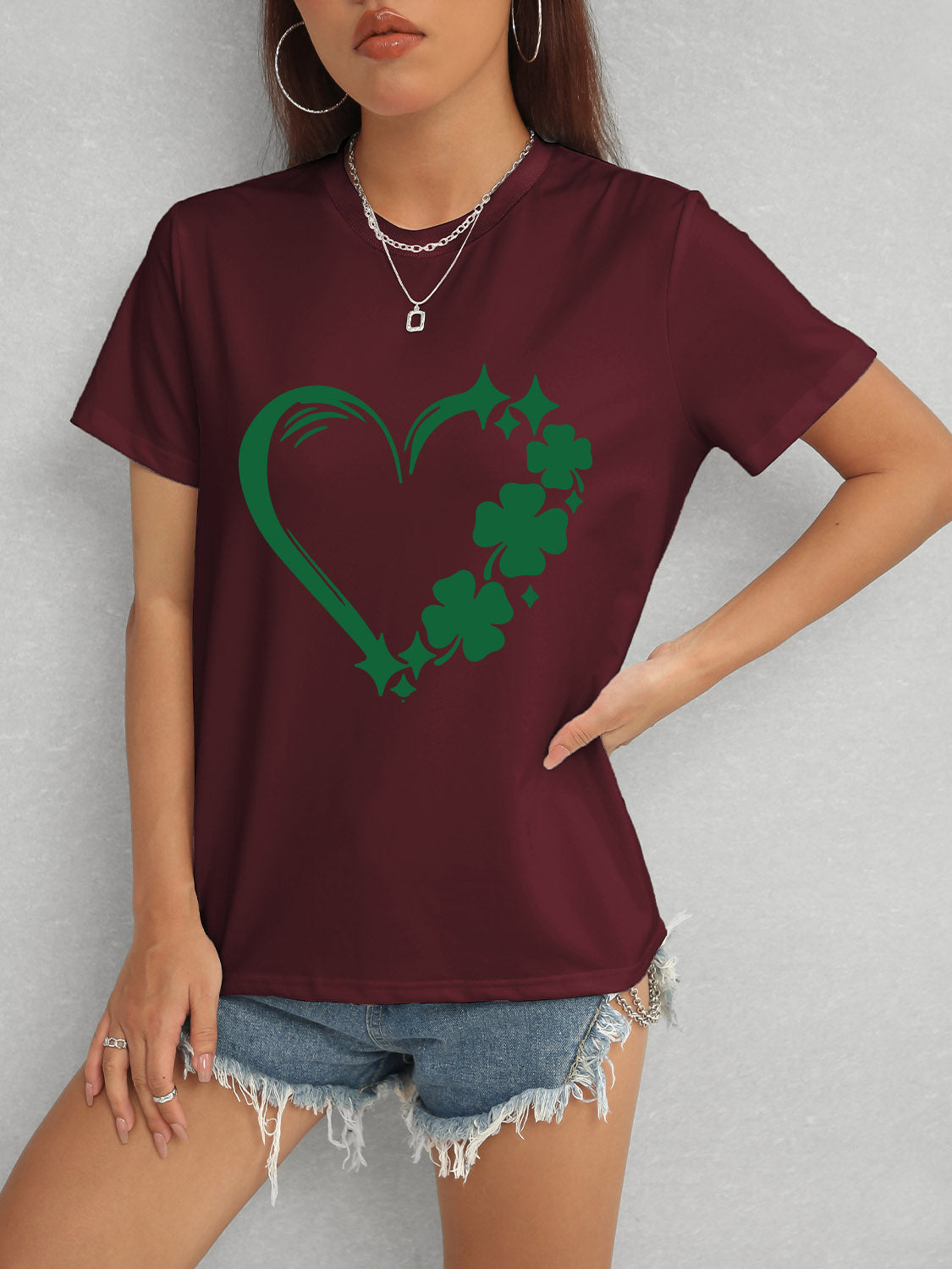 Heart Lucky Clover Round Neck Short Sleeve T-Shirt Trandify deal