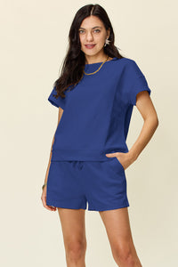 Double Take Full Size Texture Short Sleeve T-Shirt and Drawstring Shorts Set Trandify deal