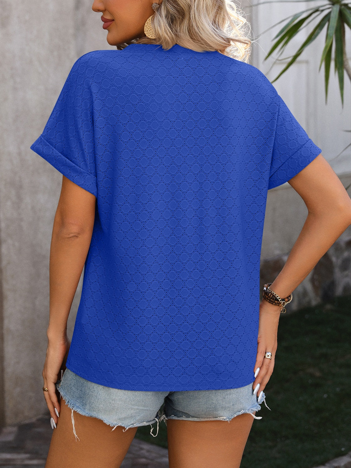 Mandy Eyelet Notched Short Sleeve T-Shirt Trandify deal