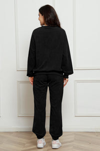 Corduroy Round Neck Sweatshirt and Sweatpants Set Trandify Deal