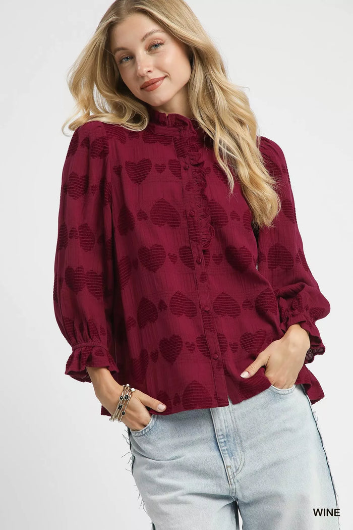 Umgee women's Wine ruffle trim cotton shirt front view