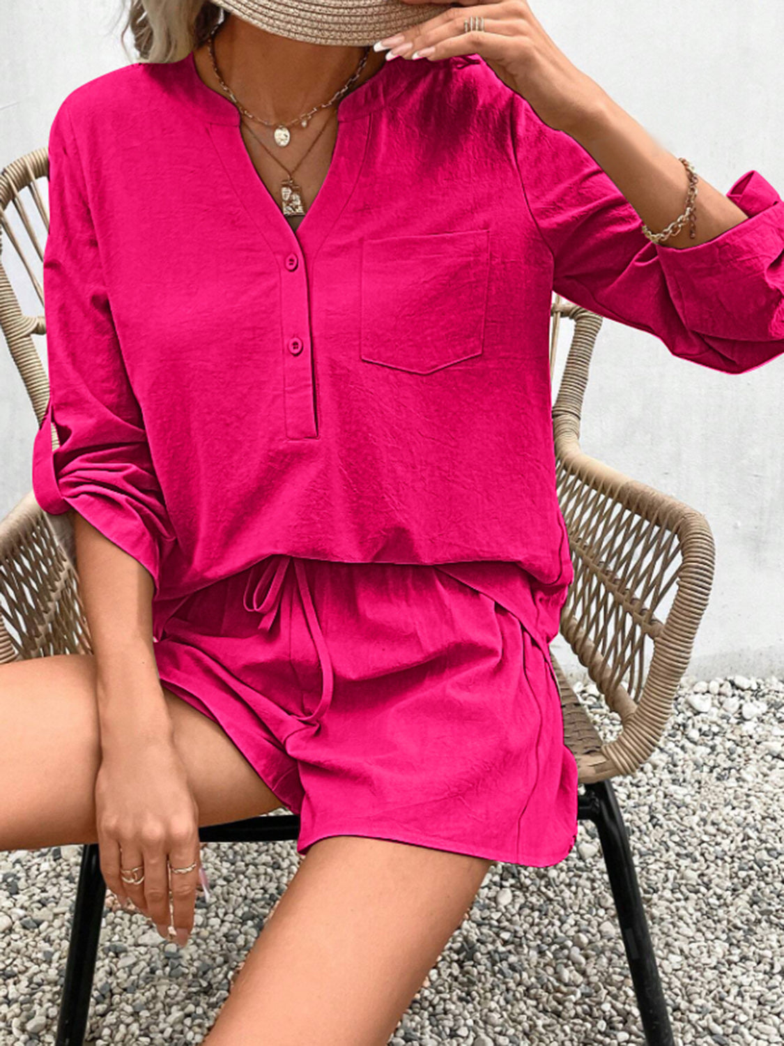 Notched Long Sleeve Top and Shorts Set Trandify deal