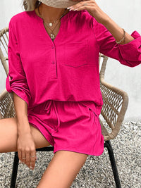 Notched Long Sleeve Top and Shorts Set Trandify deal