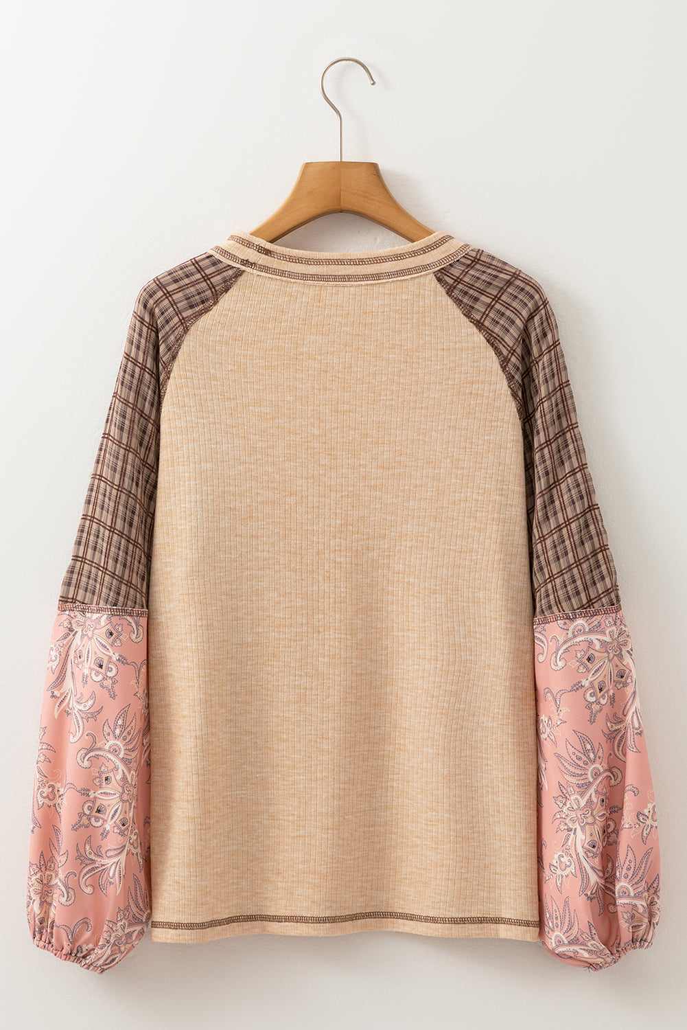Plaid Floral Patchwork Round Neck Long Sleeve Top Trandify Deal