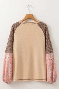 Plaid Floral Patchwork Round Neck Long Sleeve Top Trandify Deal