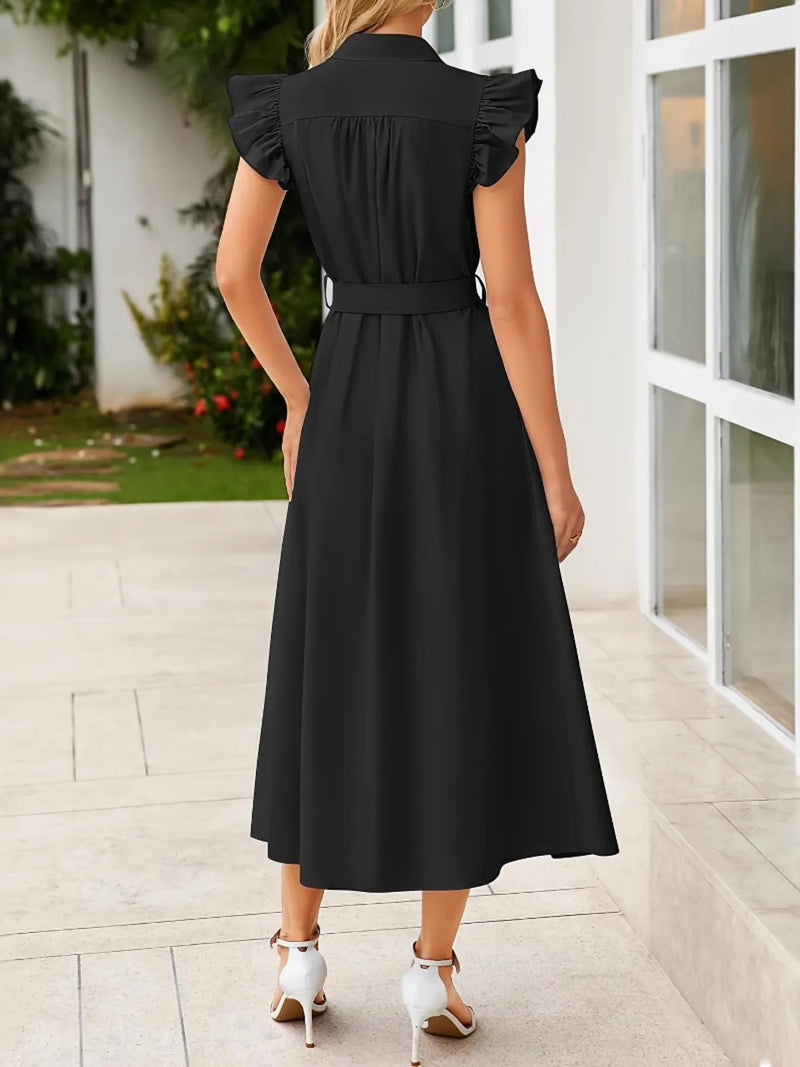 Women’s Ruffled Button-Front Midi Dress in Black – Flowy Summer A-Line Dress with Puff Sleeves