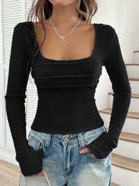 Women’s Square Neck Long Sleeve Blouse with Back Tie Detail – Trendy Casual Top