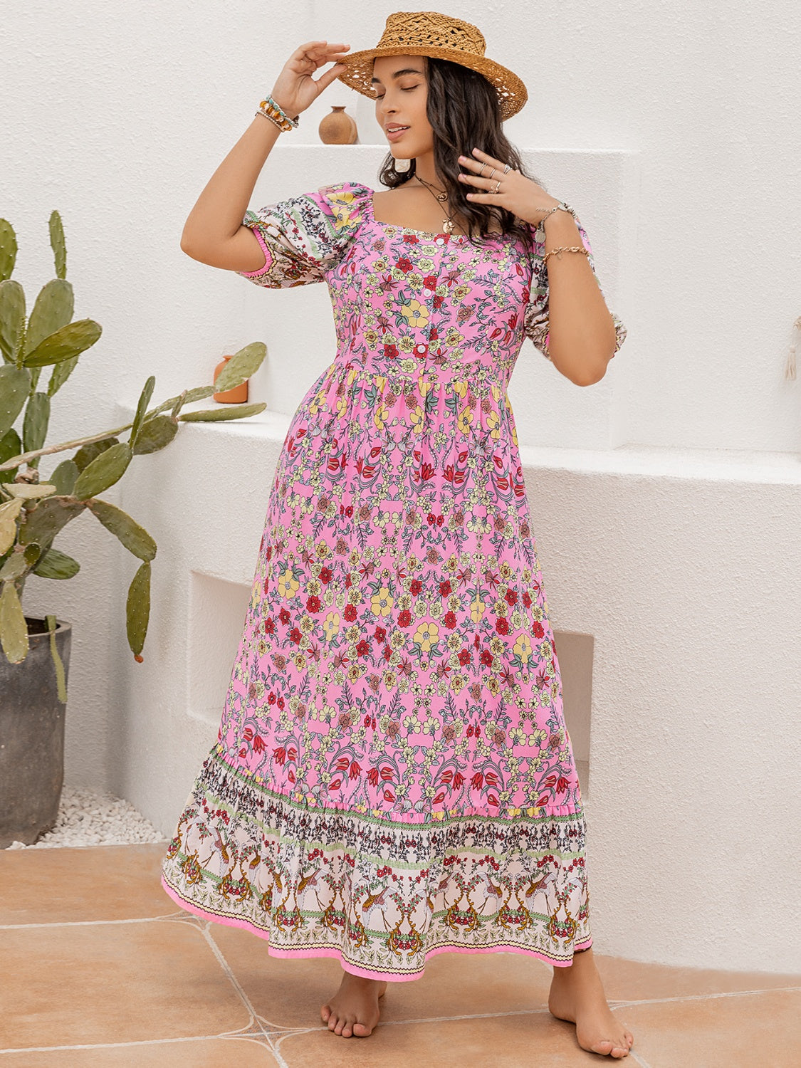 Plus Size Printed Square Neck Ruffle Hem Dress Trandify deal