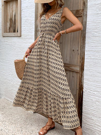 Perfee Printed V-Neck Tie Waist Midi Dress - Trandify Deal