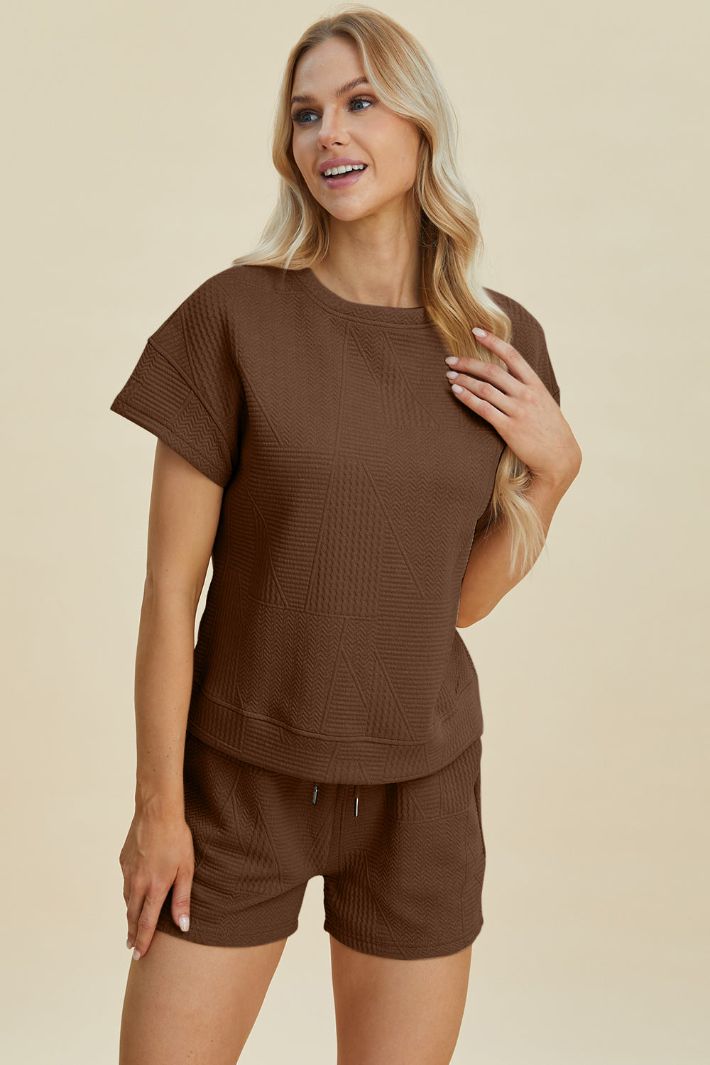 Double Take Full Size Texture Short Sleeve Top and Shorts Set Trandify deal