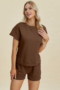 Double Take Full Size Texture Short Sleeve Top and Shorts Set Trandify deal
