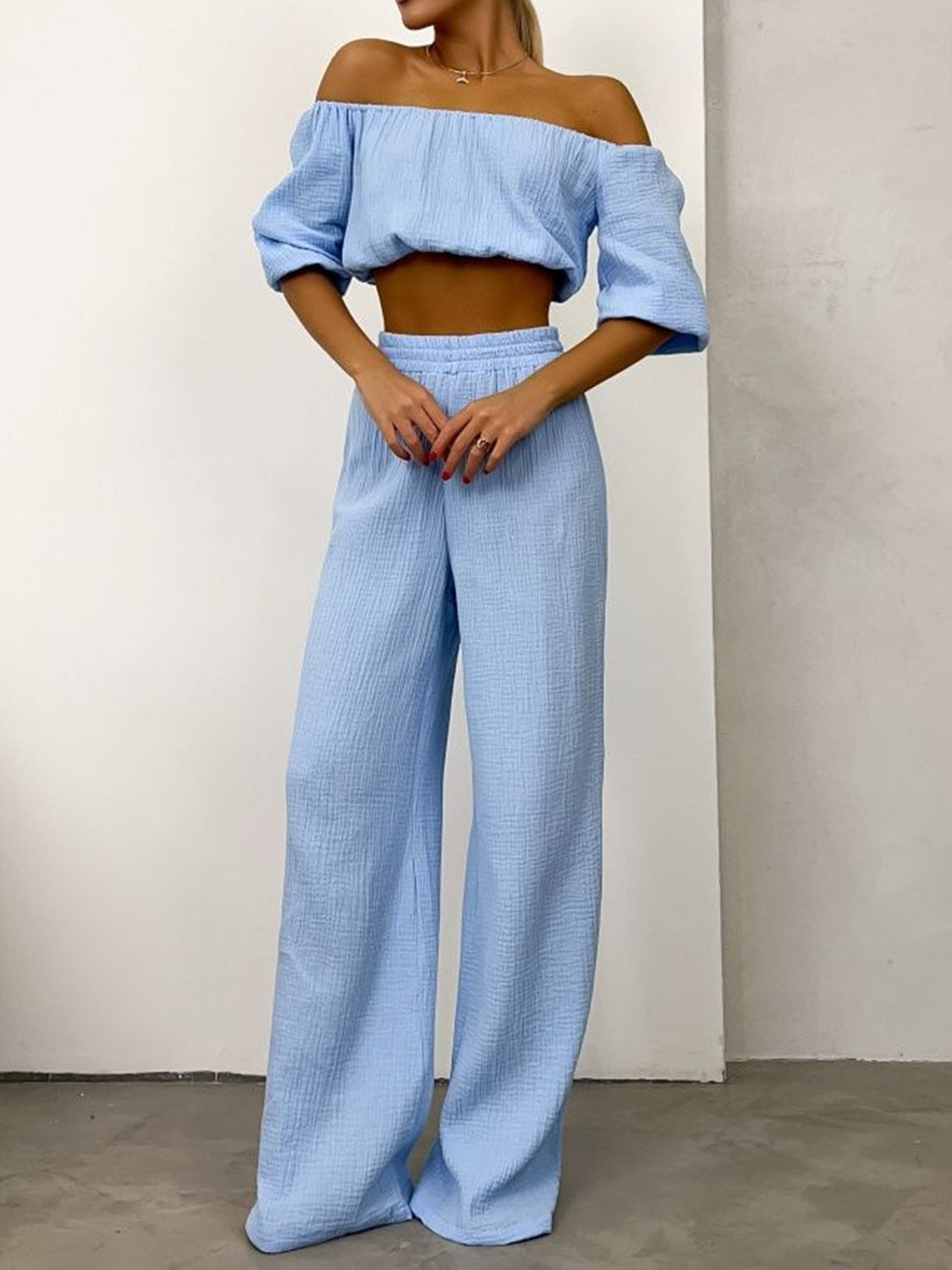 Off Shoulder Long Sleeve Top and Pants Set Trandify deal