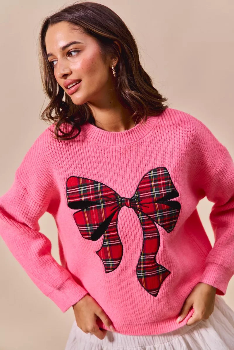 Women's Plaid Ribbon Christmas Sweater - Ugly Holiday