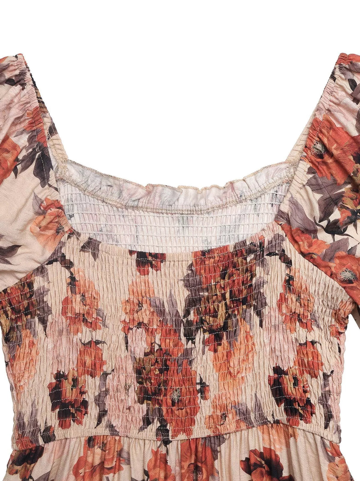 Close-up of smocked bodice and floral print on viscose dress