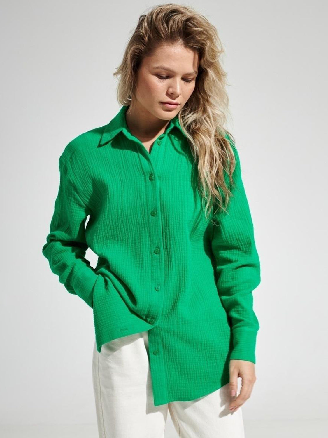 Textured Collared Neck Long Sleeve Shirt Trandify deal
