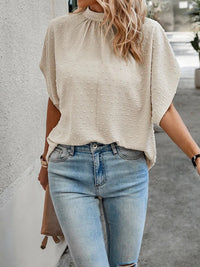 Swiss Dot Mock Neck Half Sleeve Blouse Trandify deal