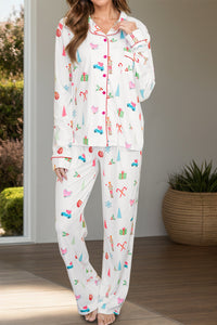 Printed Collared Neck Long Sleeve Top and Pants Lounge Set Trandify Deal