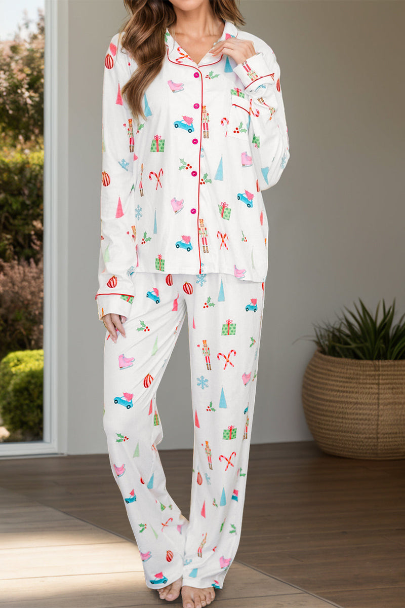 Printed Collared Neck Long Sleeve Top and Pants Lounge Set Trandify Deal
