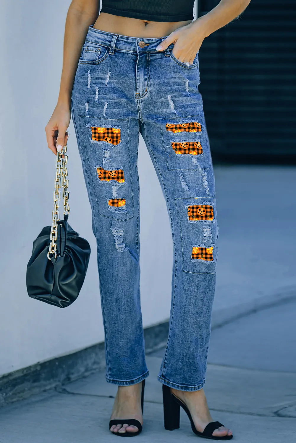 Distressed Pumpkin Pattern Jeans with Pockets Trandify Deal
