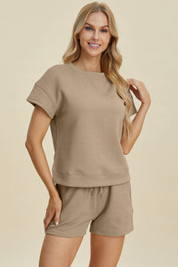 Double Take Full Size Texture Short Sleeve Top and Shorts Set Trandify deal