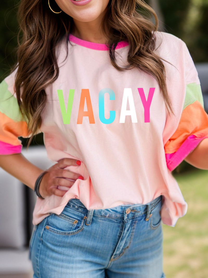 Letter Graphic Color Block Round Neck Half Sleeve T-Shirt Trandify Deal