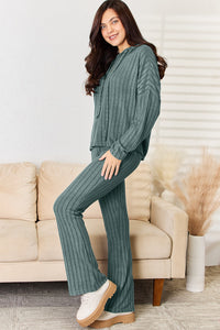 Basic Bae Full Size Ribbed Drawstring Hooded Top and Straight Pants Set Trandify Deal