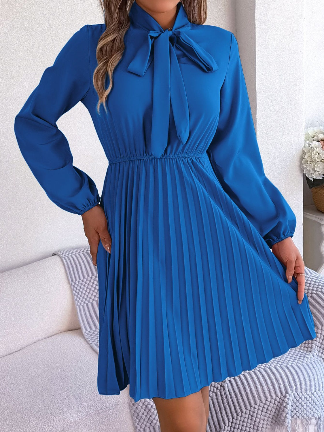 Tie Neck Balloon Sleeve Pleated Dress Trandify deal