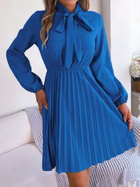 Tie Neck Balloon Sleeve Pleated Dress Trandify deal